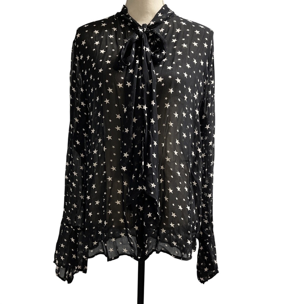 Denim & Supply Top Black Star Print Sheer Chiffon Button Down Blouse Size L USA